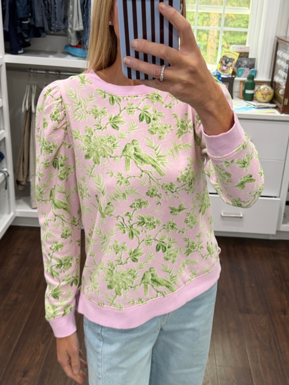 crown & ivy Pink Floral & Bird Crewneck Sweatshirt